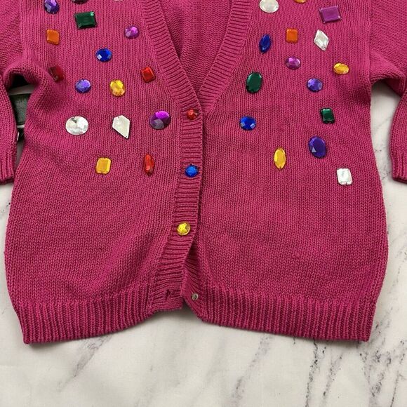 Victoria Jones Womens Vintage 80s Chunky Cardigan Sweater Size M Pink Gems - Picture 5 of 13